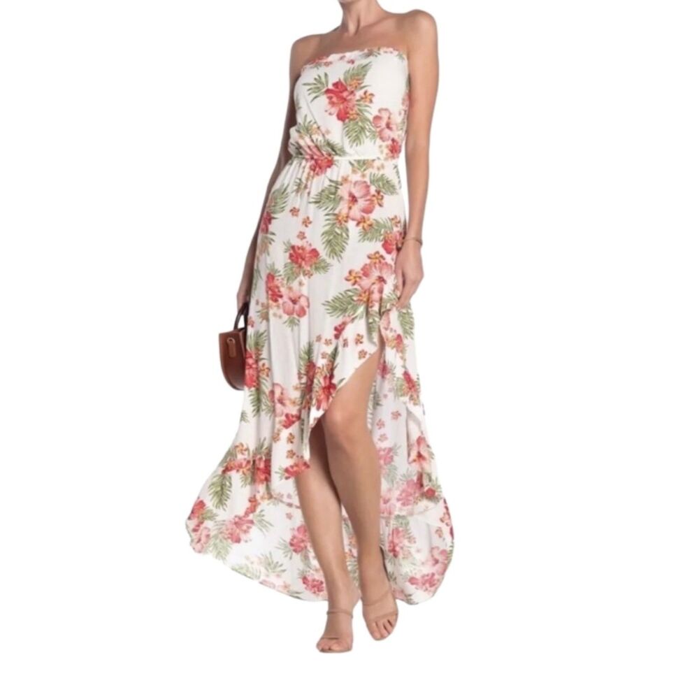 Love...ady Pink Hibiscus Green Front Slit Dress Women's Small Strapless
